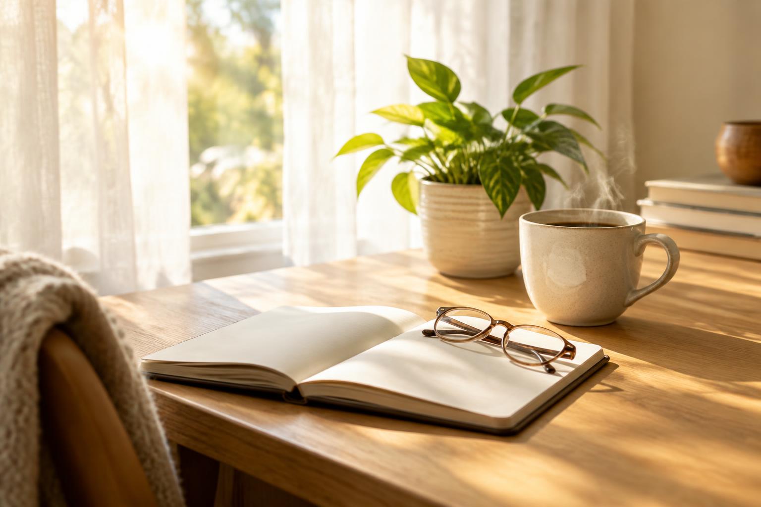 A calm morning desk with an open notebook, a mug of coffee and a small plant