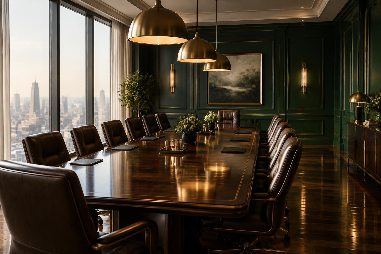 An elegant boardroom with a long dark table, leather chairs and brass pendant lights